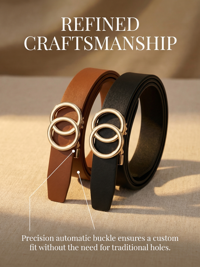Double Ring Belt for Women — No-Hole Auto-Adjust Leather Belt